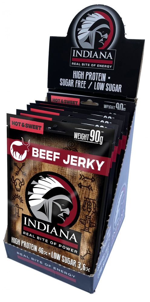 Indiana sušené mäso Jerky hovädzie Hot & Sweet ZIP 720g - display